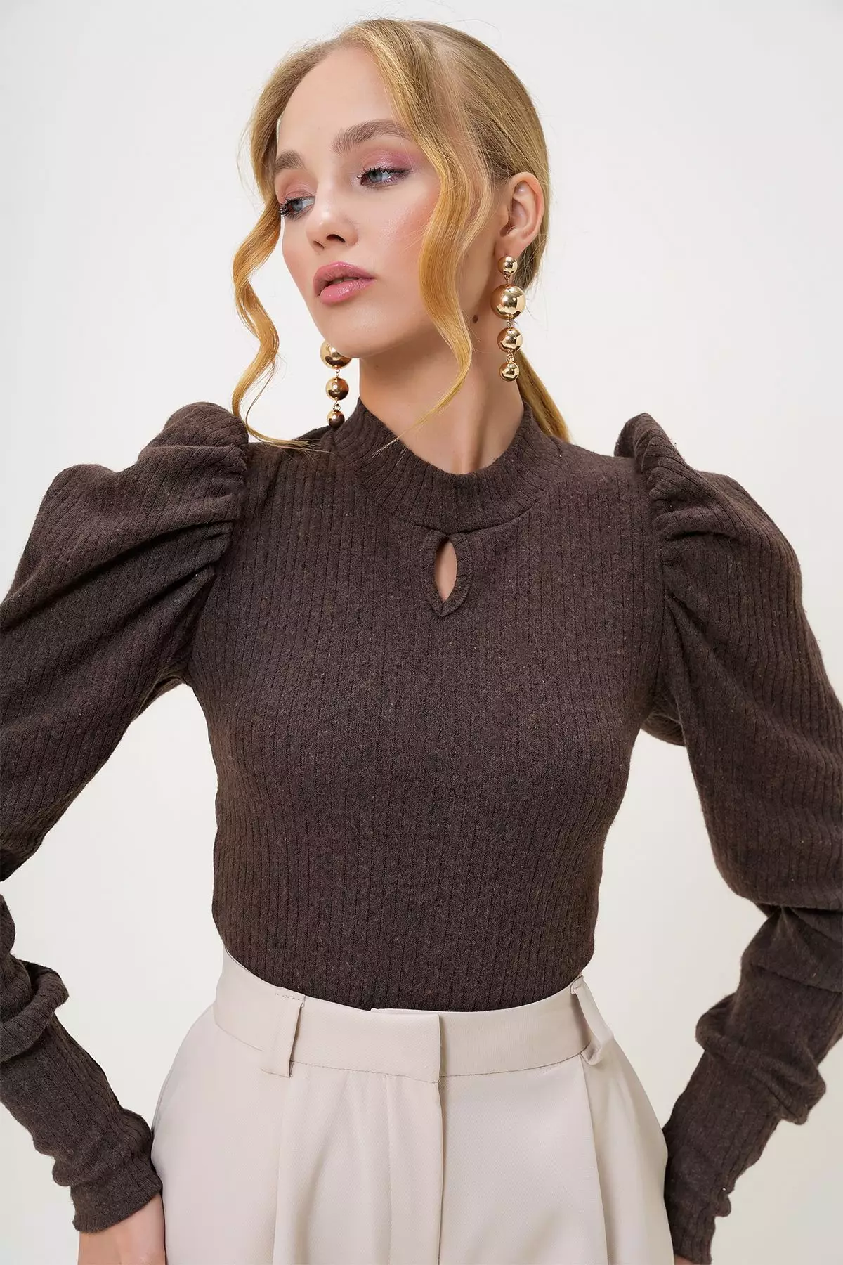 Women's Brown Crew Neck Drop Neck Princess Sleeve Knitwear Blouse