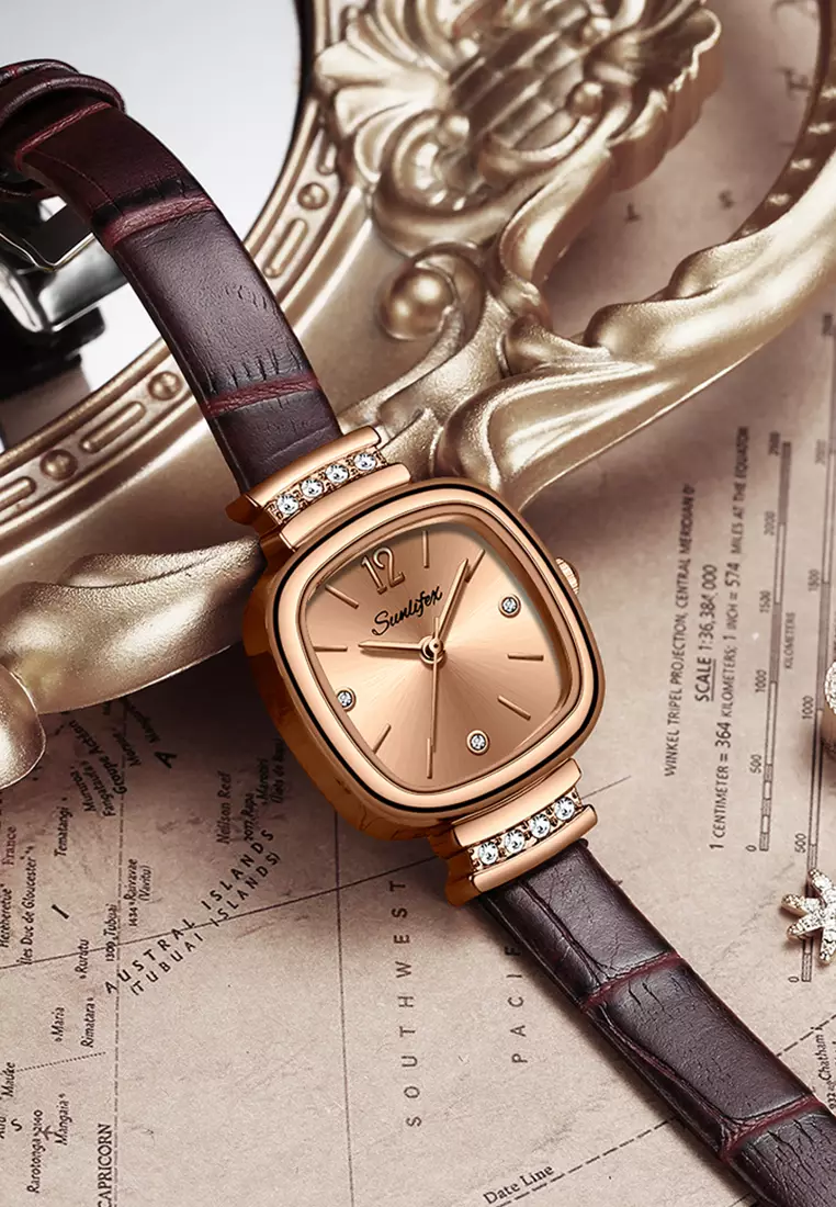 8001 Jam Tangan Wanita Original Berlian Gaya Antik Anggun Jam Kuarsa Tali Kulit Jam Tangan Cewek brown