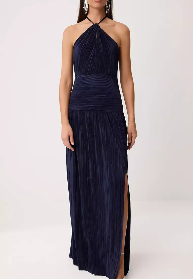 Navy Blue Pleated Maxi Evening Dress & Graduation Gown Tprss26Ae119