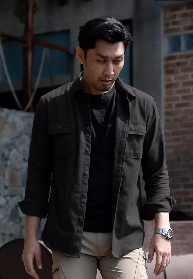OXCON Utility Double Pocket Authentic Kemeja Flannel Shirt Monotone Black