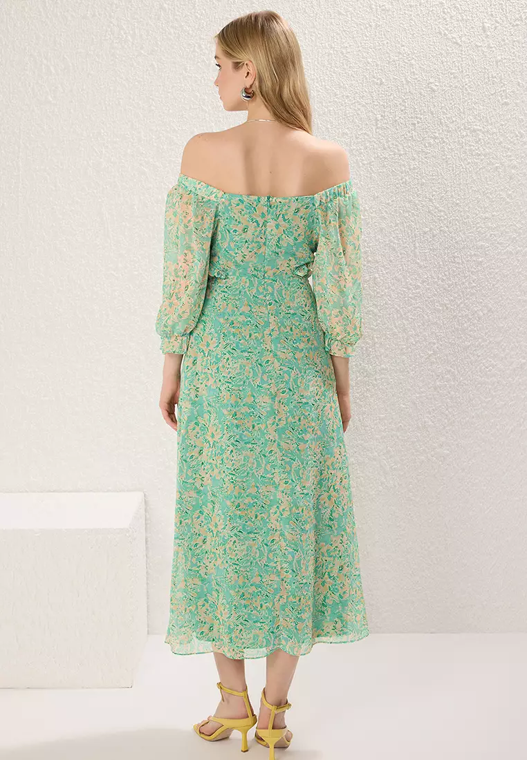 Mint Floral Cut Out / Flounce Maxi Woven Dress
