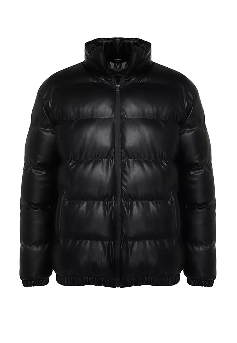 Buy Trendyol Black Men's Regular Fit Stand Up Collar Faux Leather Down