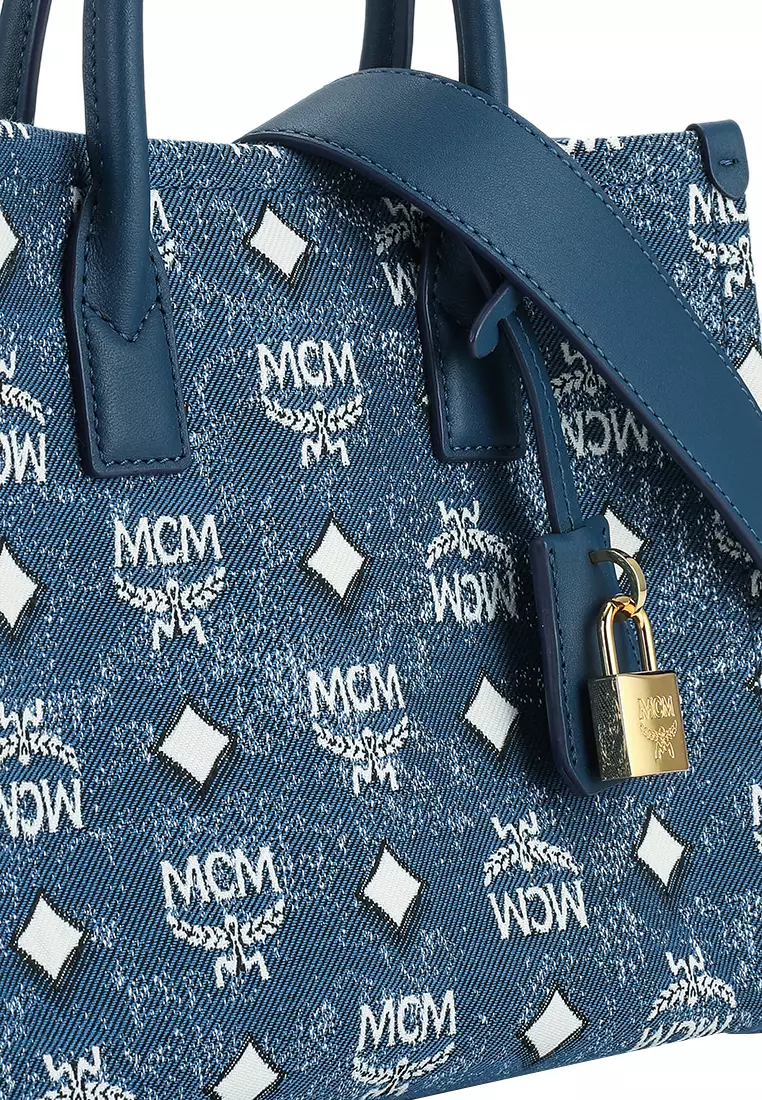 Mcm Munchen Small Denim Tote Bag In Blue