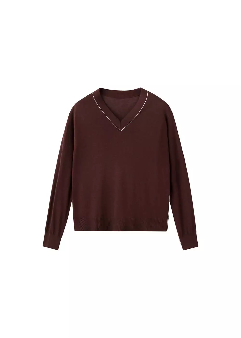 Sweater V-neck dengan trim kontras
