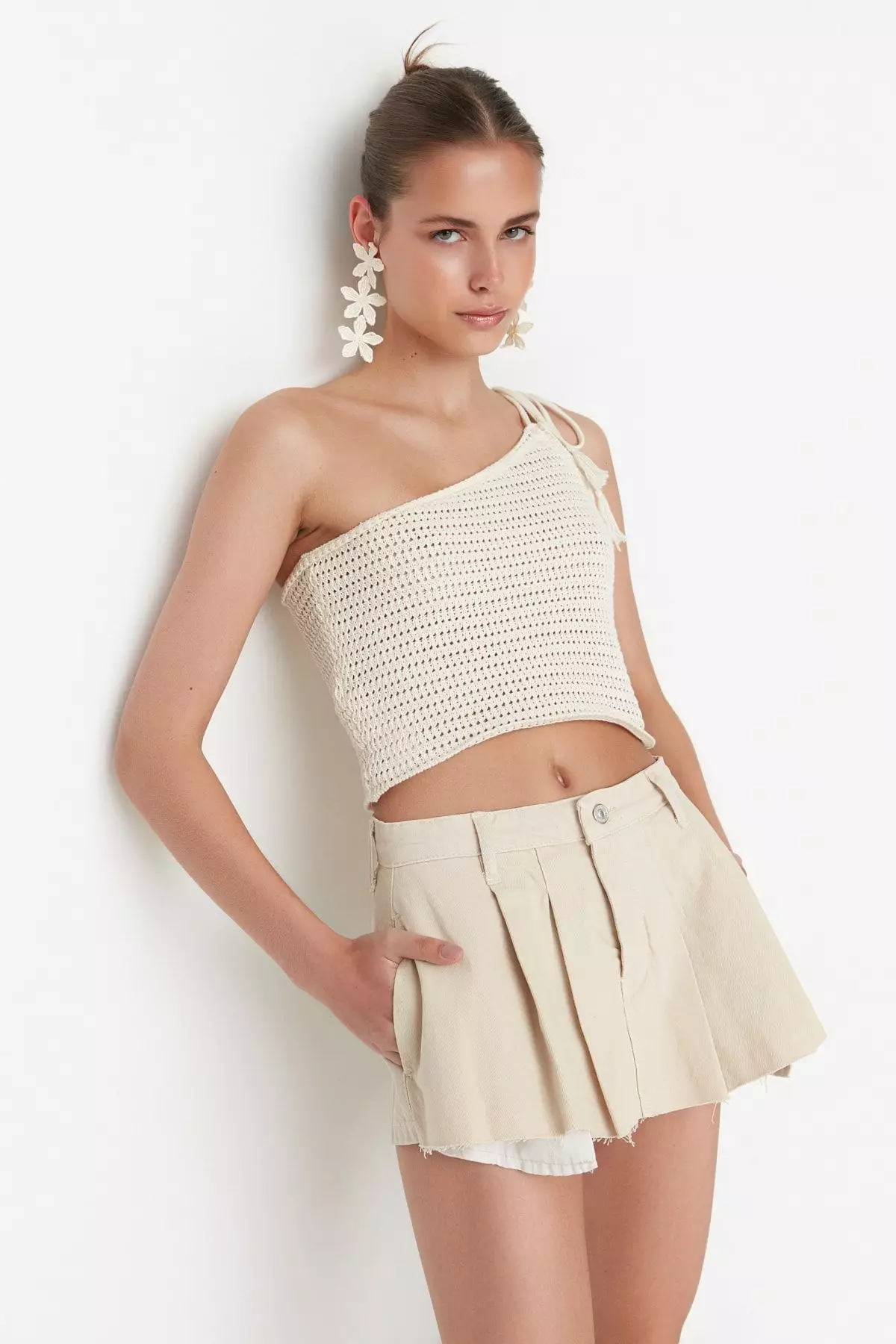 Pleated Denim Shorts Skirt