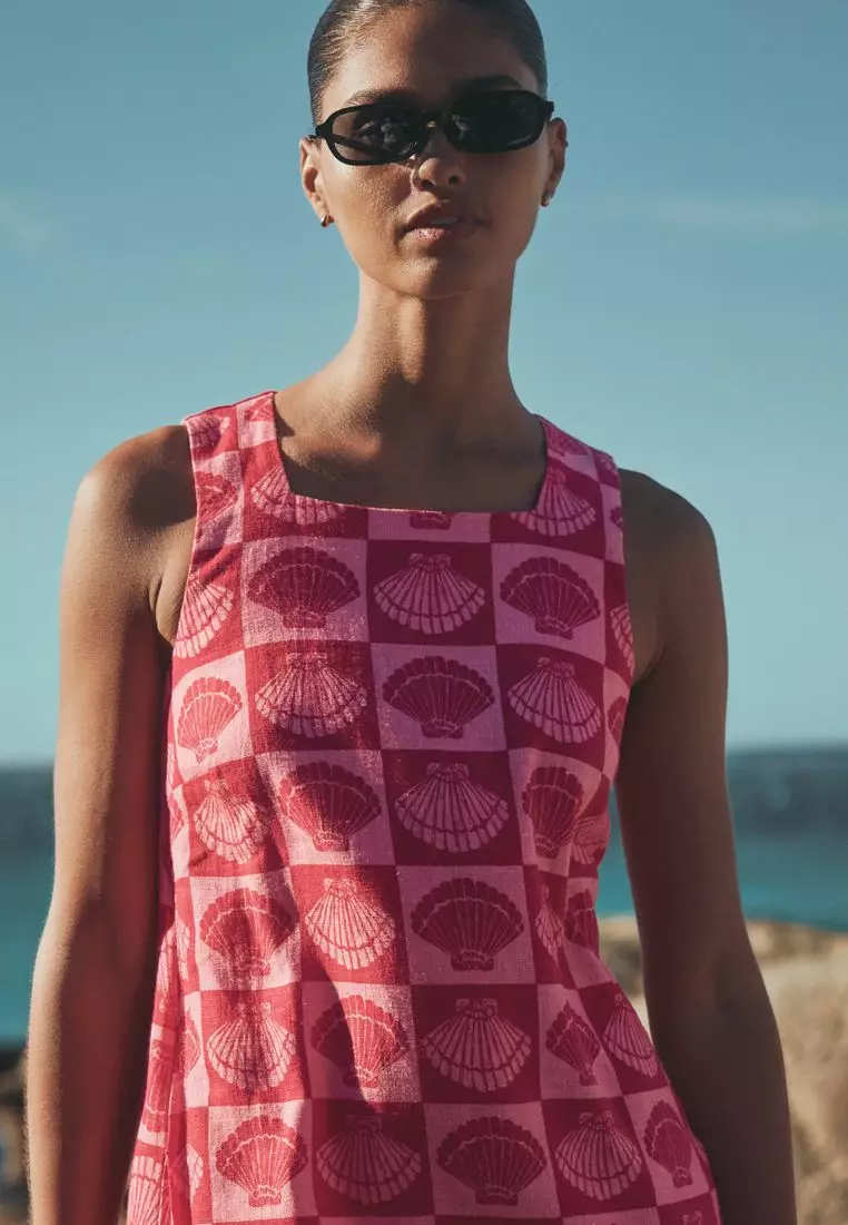 Square Neck Shift Mini Dress with Linen