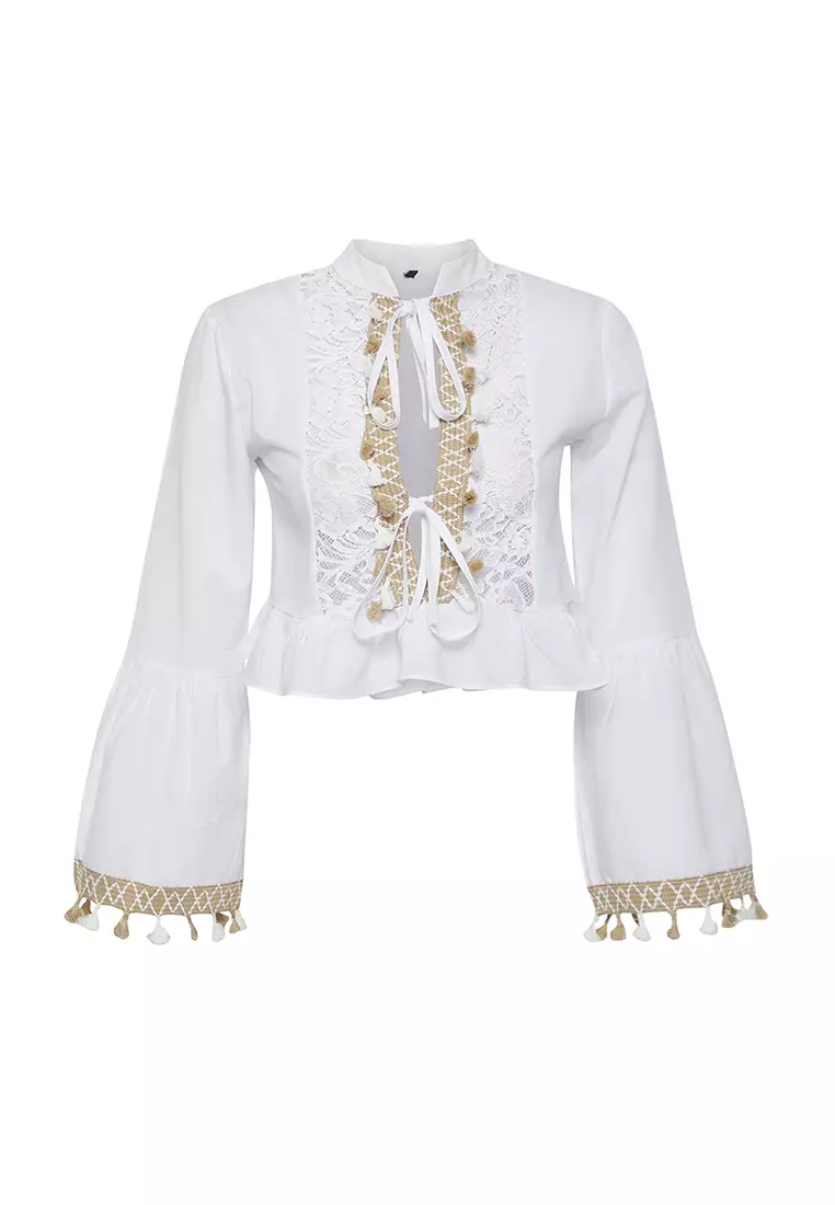 Ecru Woven Tassel and Lace Detailed Tie-Up Beach Blouse Tbess25Bz00014