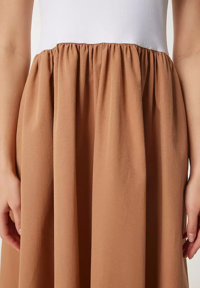 Women Camel White Stretchy Knitted Top Poplin Skirt Dress Ub00379