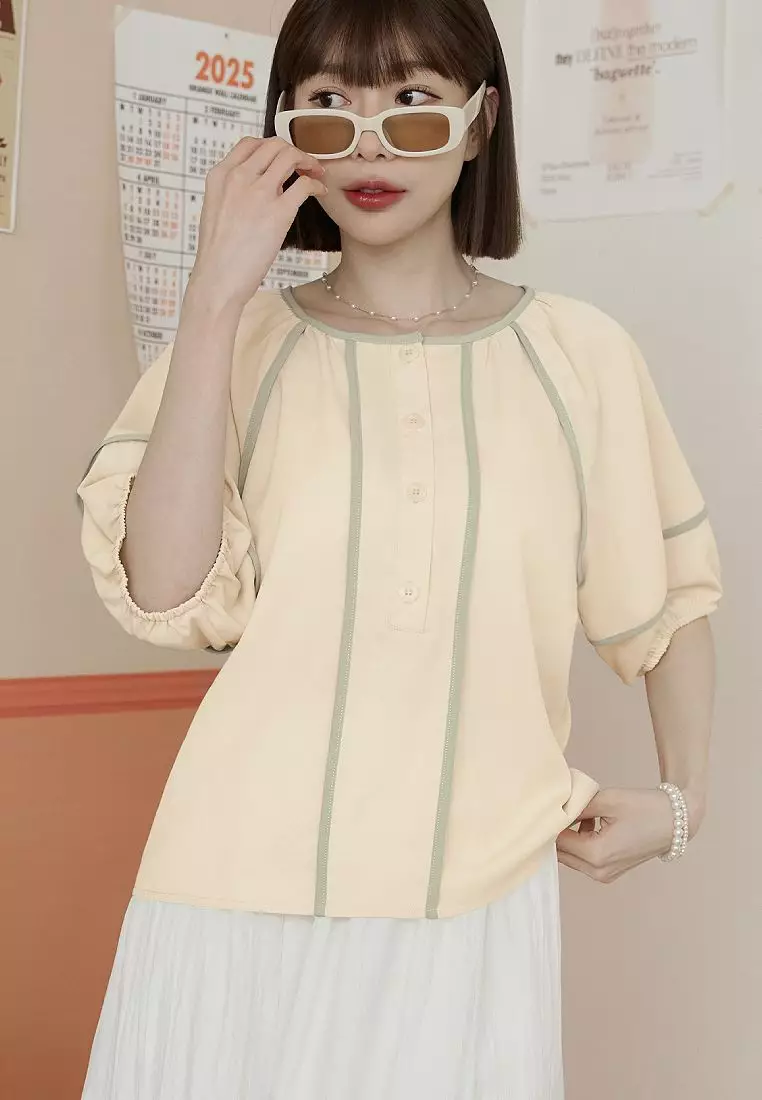 Round Neck Colorblock Trim Half-Placket Lantern Sleeve Top [AB20353]