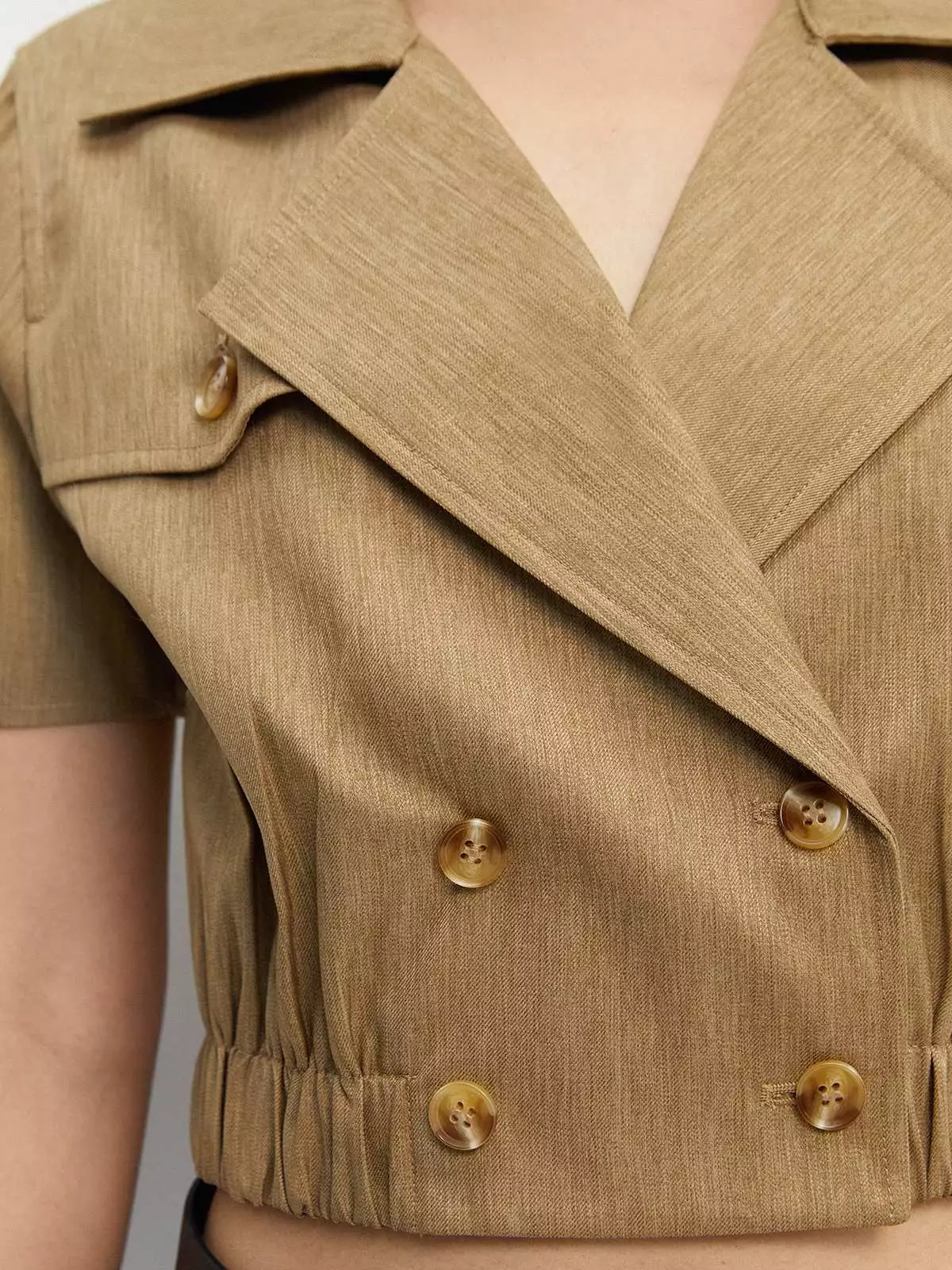 Pomelo - Blouse Wanita - Double Breasted Short Sleeve Jacket - Brown