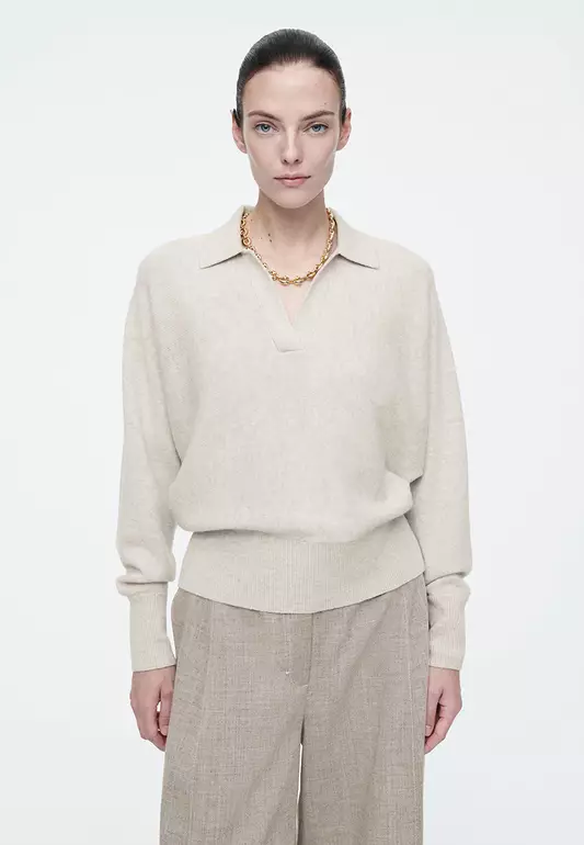 Batwing-Sleeve Wool Polo Jumper