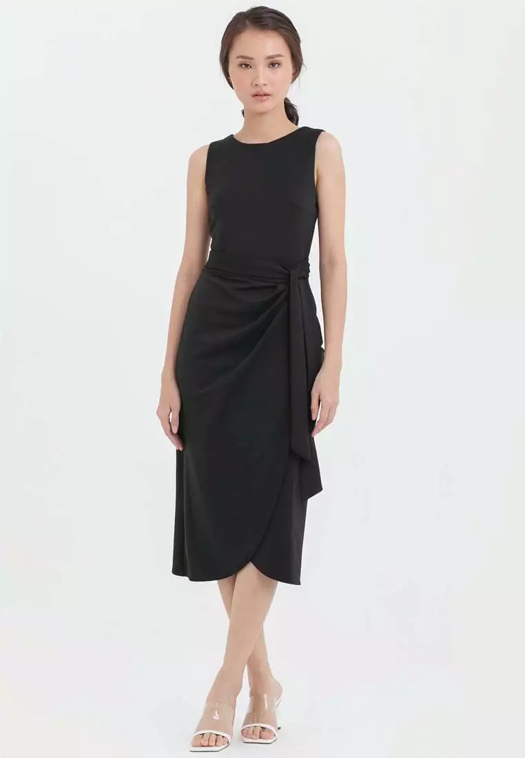 Scuba Sleeveless Overlap Tulip Midi Dress in Black