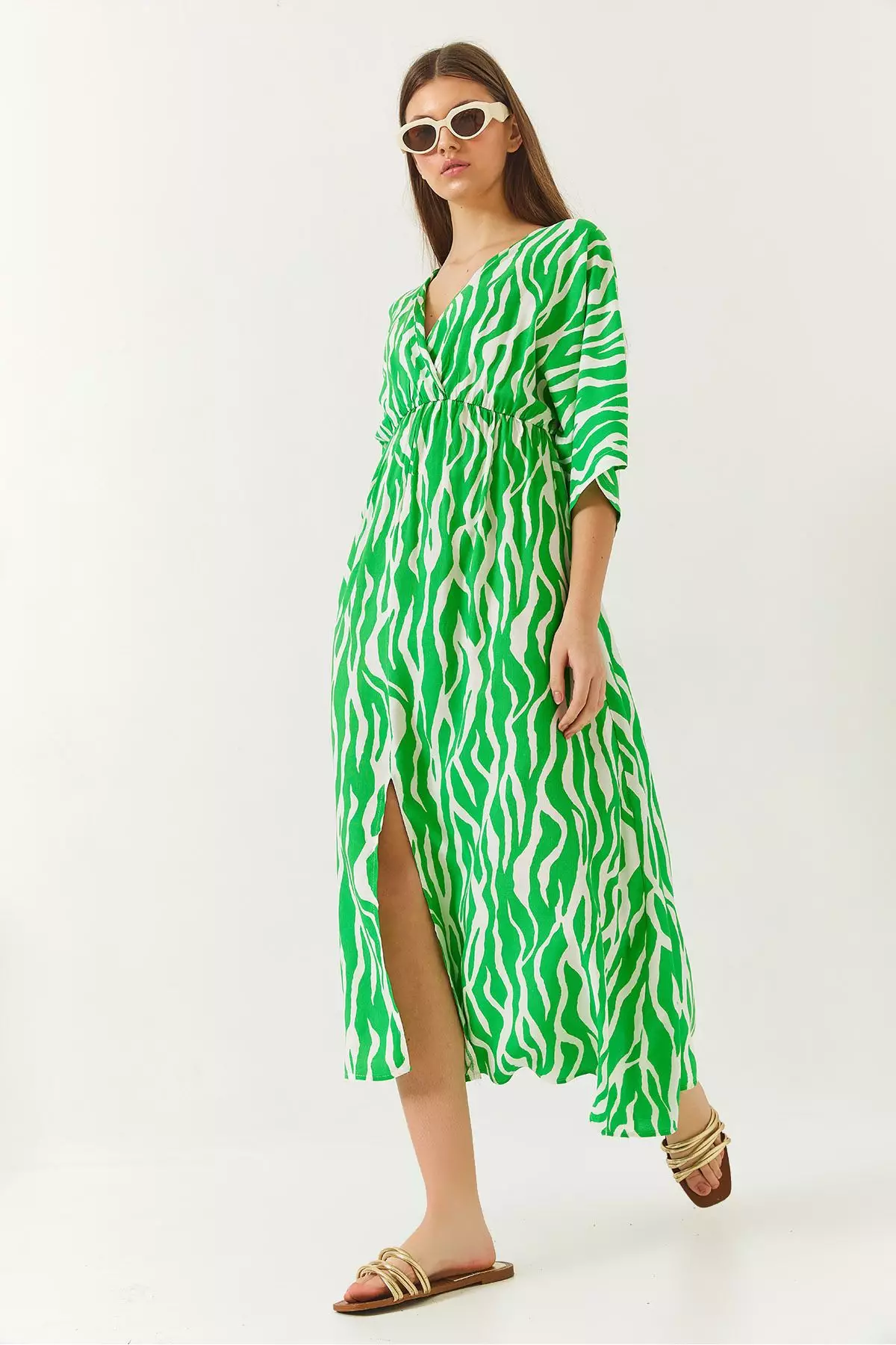 Women's Double Breasted V Neck Front Slit Detail Print Dress 60261411