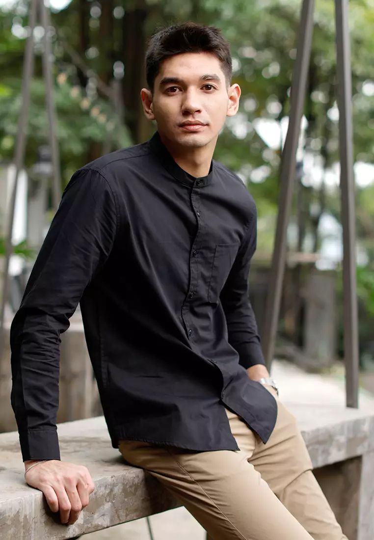 Oxcon Collarless Long Sleeve Business Shirt soft cotton Black