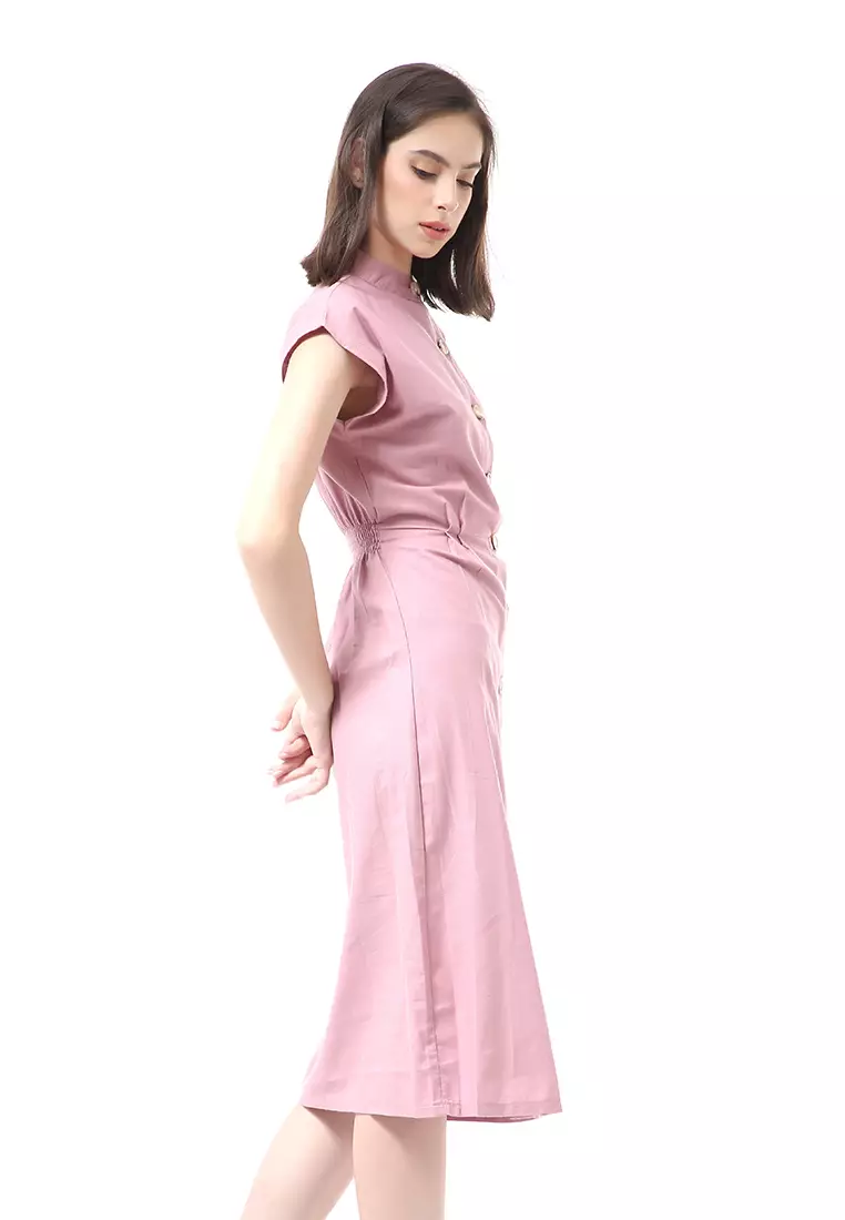 Rachel Rok Wanita Lengan Pendek Button Front Midi Dress Material Sateen ORIGINAL - Mauve
