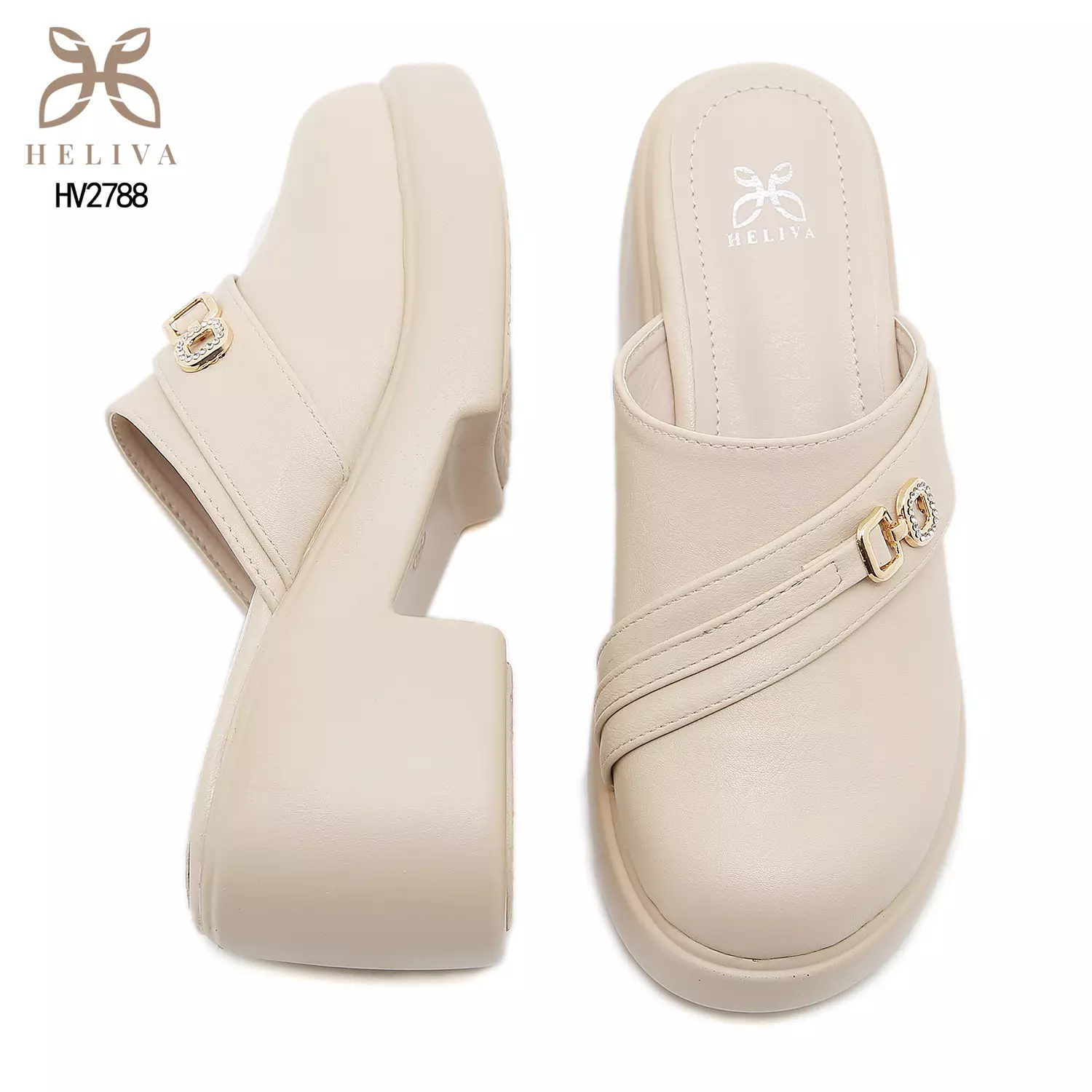 Heliva Verona Bold Heel Platform Mules with Metallic Chain Touch 7cm Elegance HV2788