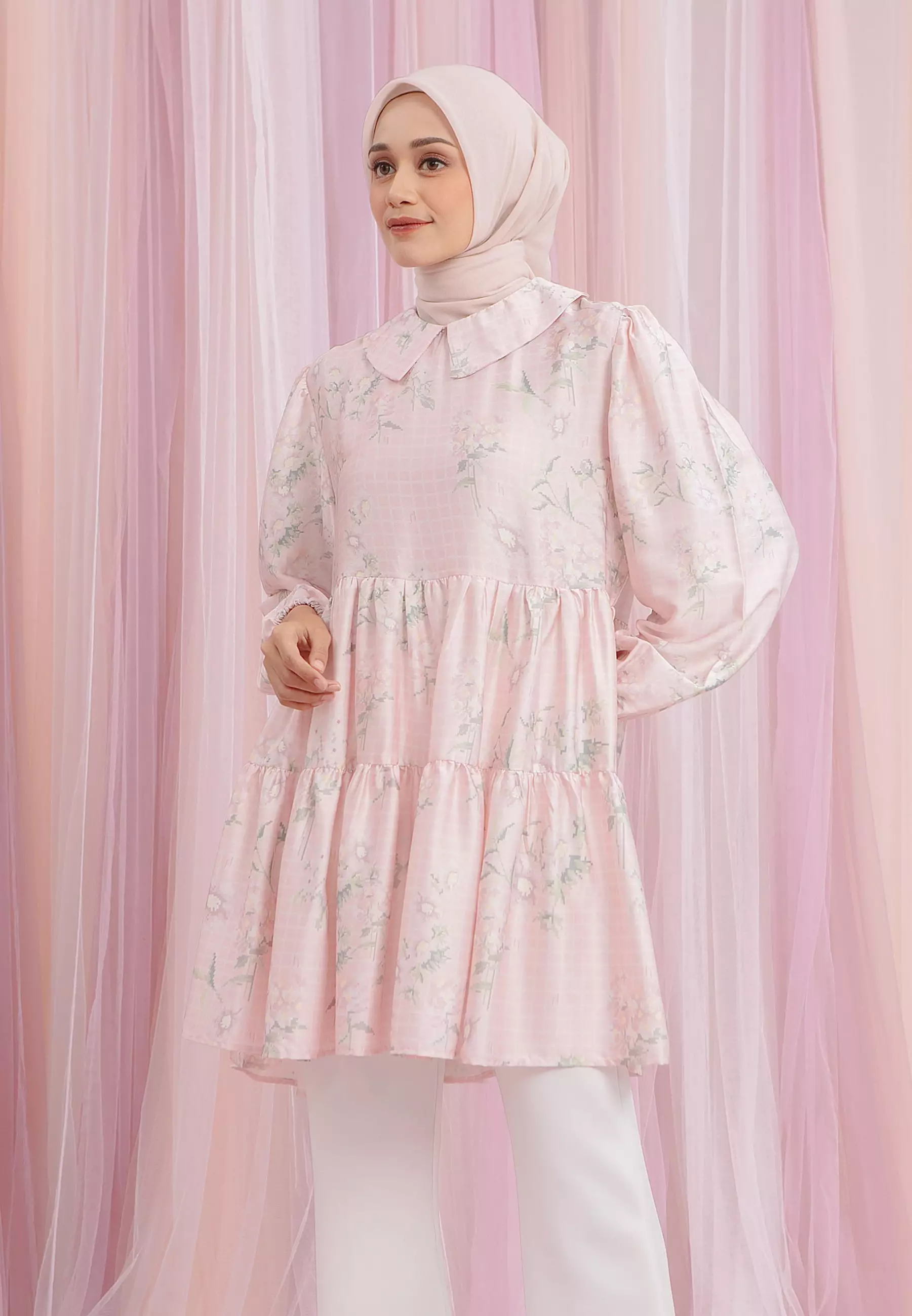 HijabChic Maude Carnation Pink Tunic - Tunik Lebaran Motif Bunga Satin Premium Layer Kerut Mewah