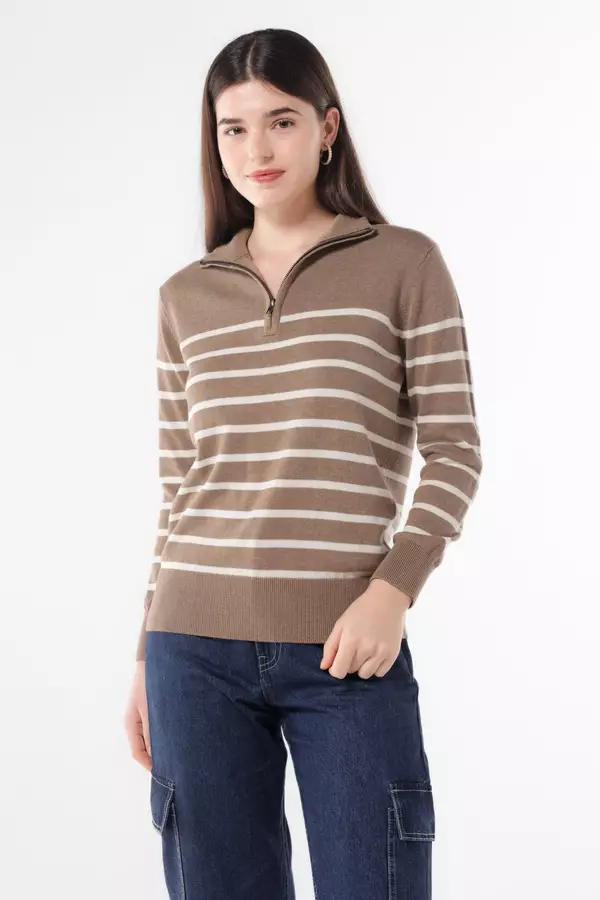 MINIMAL - Reeny - Sweater Rajut Zipper Motif Garis - Light Brown