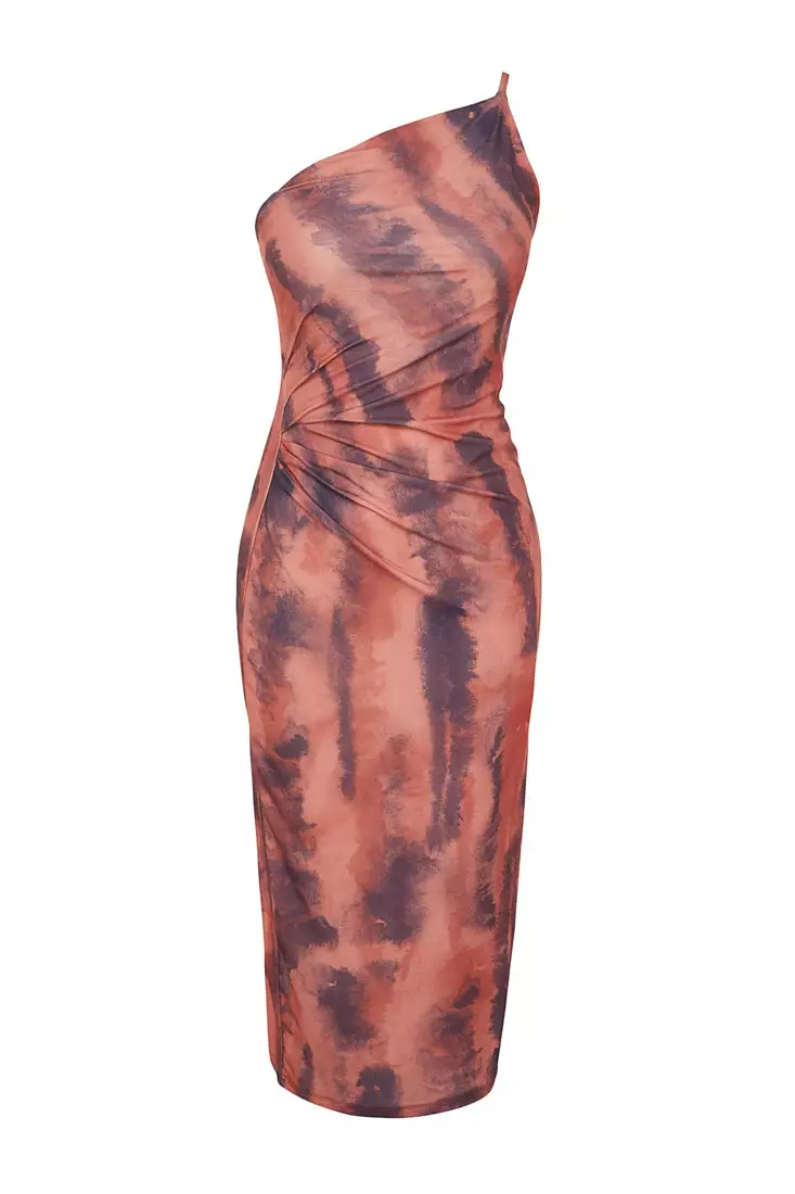 Printed, Fitted Midi One-Shoulder, Flexible Knit Dress