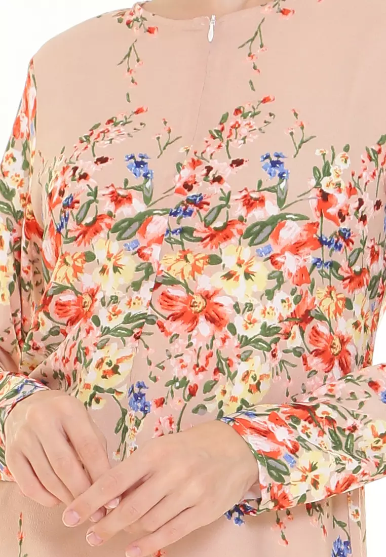 Rina Printed Kurung in Nude Rainbow Flower