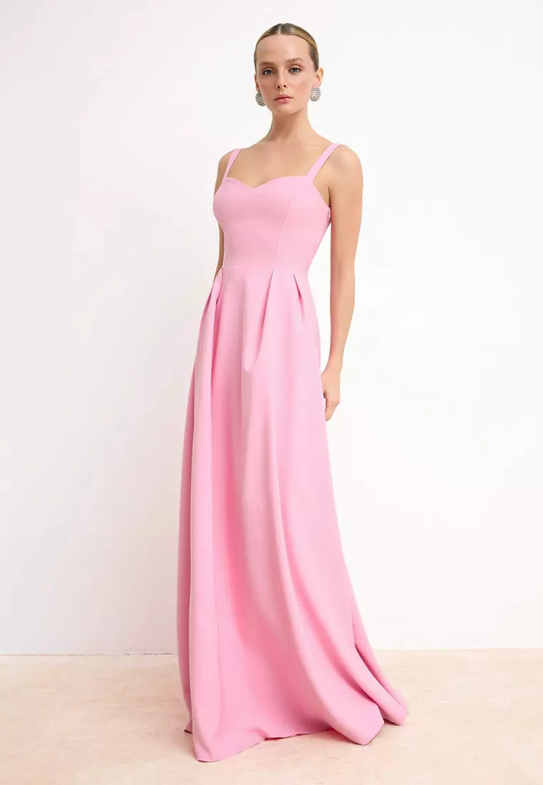 Light Pink Plain A-Line Bow Woven Finike Maxi Evening Dress & Graduation Dress