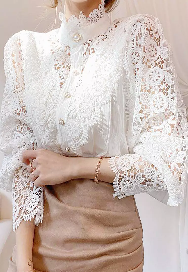 VANSA Lace Cutout Long Sleeve Shirt VCW-Bs1880