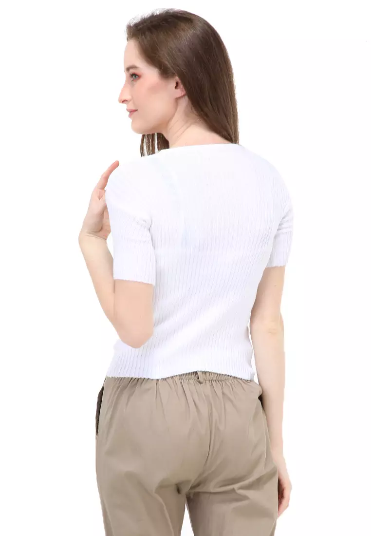 Amora Vneck Rajut Short Sleeves Atasan Casual Wanita - White