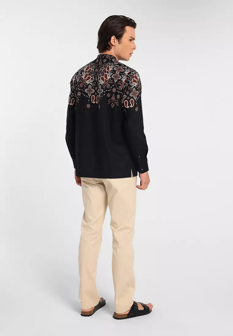 MANZONE - Mahnoor LS - Kemeja Koko Shanghai Lengan Panjang Pria - Black Warna Black