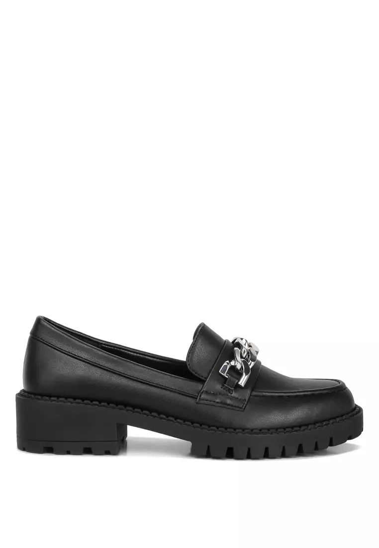 Discount on London Rag  shoes - SKU: Black Faux Leather Chunky Block Heel Loafers
