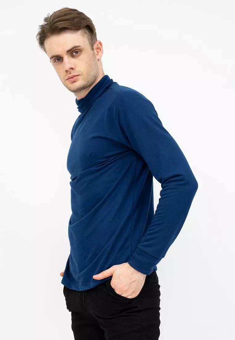 Turtle Neck pria lengan panjang biru navy kaos kerah tinggi slim fit houseofcuff