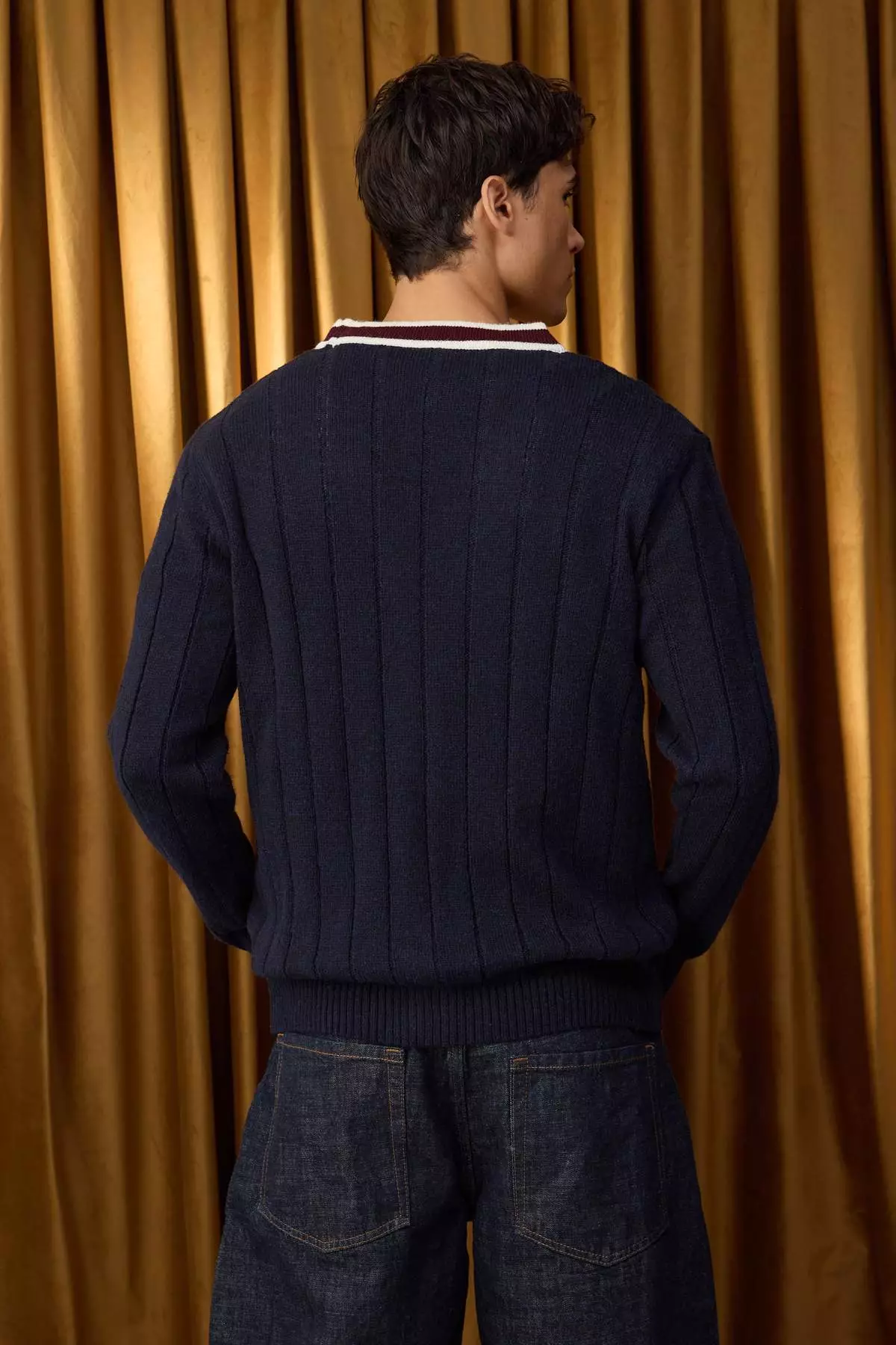 Special Collection Navy Blue Regular V-Neck Color Block Cardigan