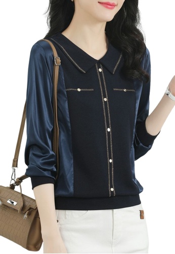 A-IN GIRLS navy Elegant Stitching Lapel Top 60F1EAA00D657DGS_1