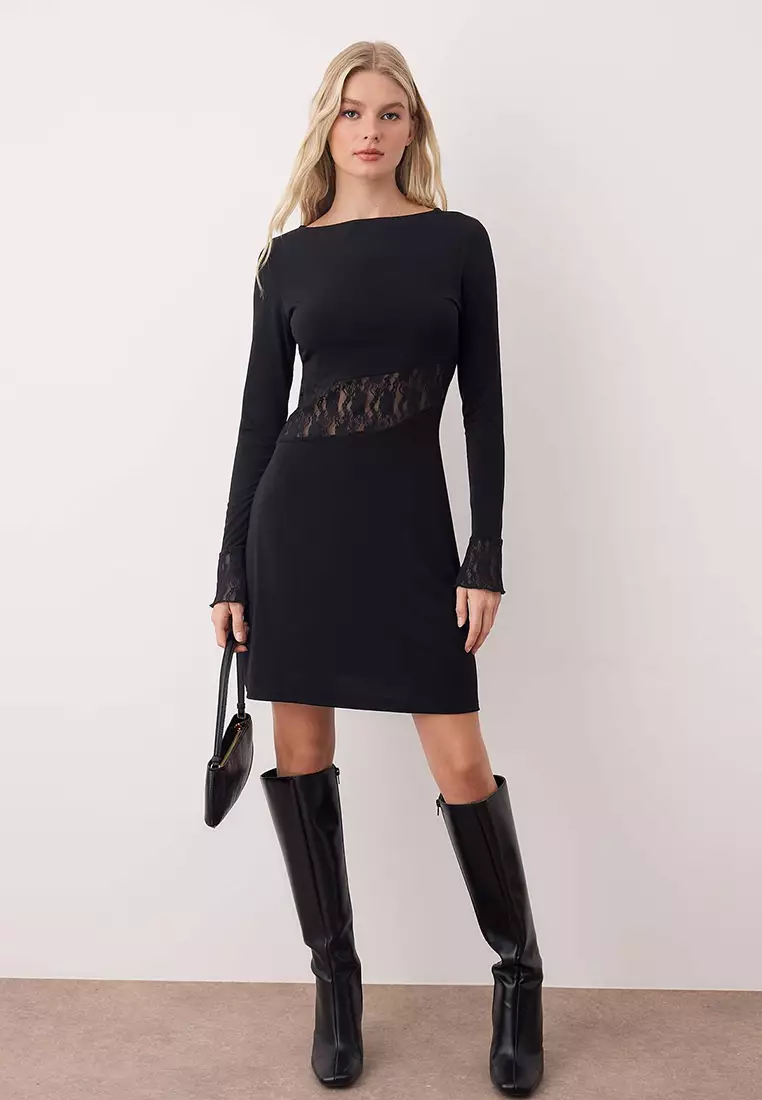 Black Lace Detailed Long Sleeve Short/Mini Flexible Knit Dress
