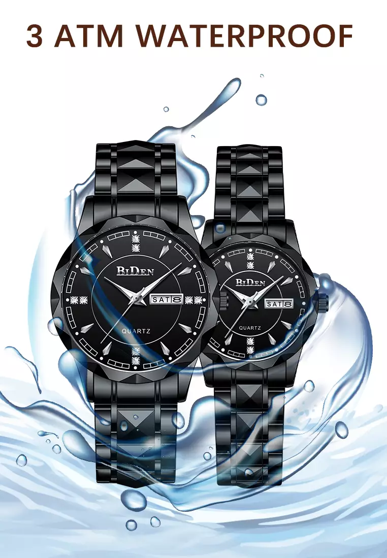 BIDEN Jam Tangan Couple Pasangan Anti Air Original Kalender Bercahaya Luminous Stainless Steel Analog Couple Watch Hitam