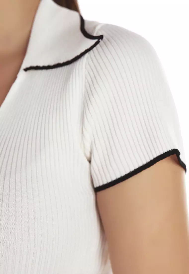 Deep Scoop Neck Polo Tshirt in Off White