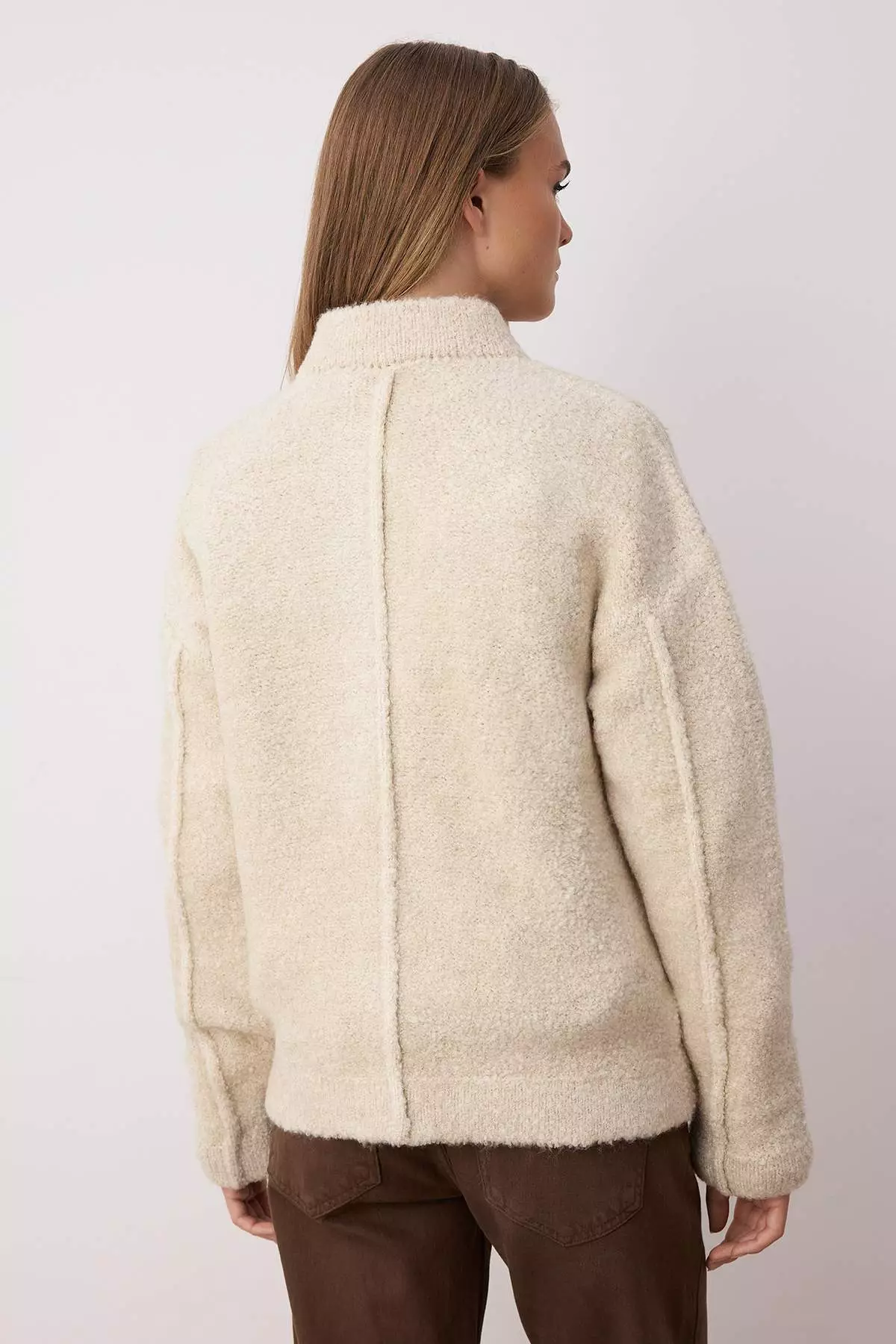 Beige Boucle/Textured Yarn Wide Pattern Coat-Look Knitwear Cardigan
