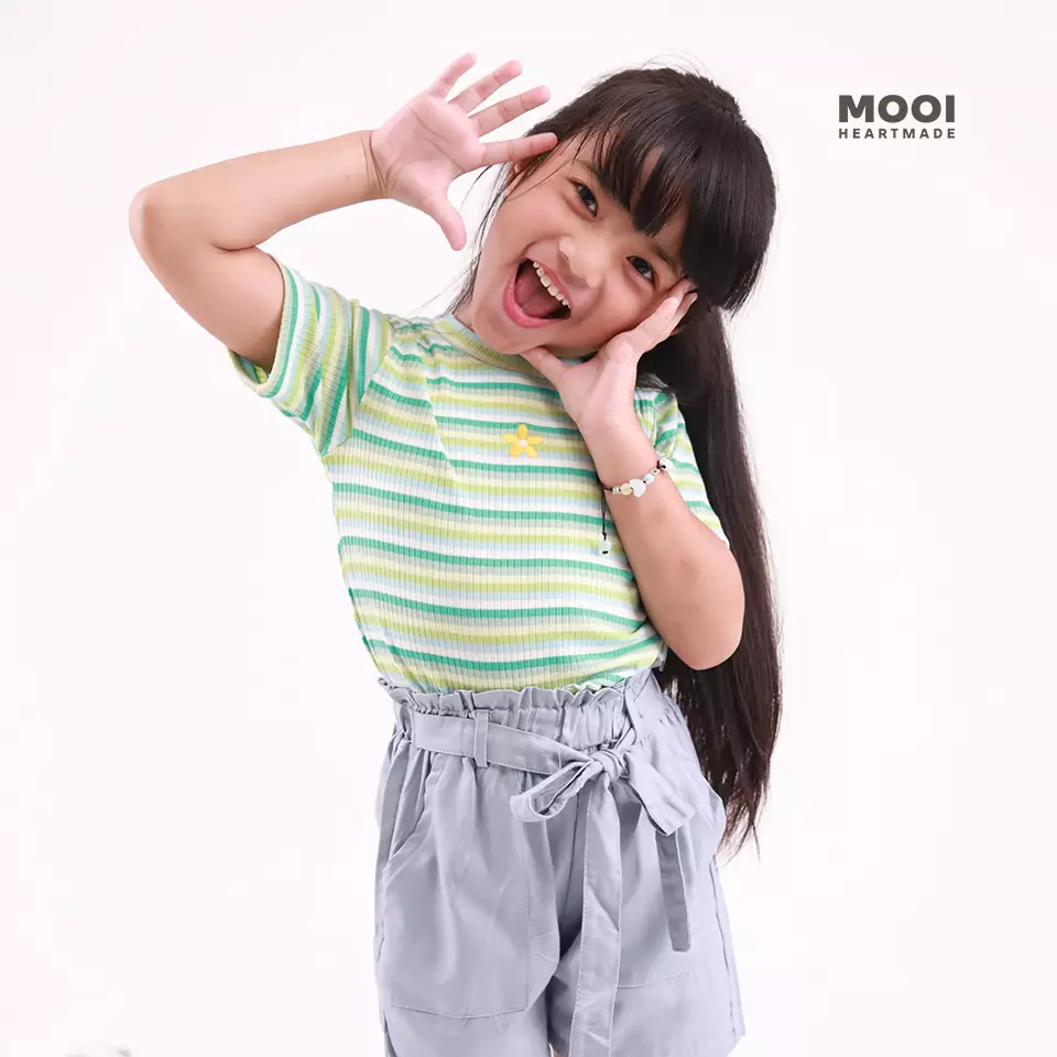 Mooi Atasan Anak Perempuan Lucy Rib Striped Tee - Blue Denim
