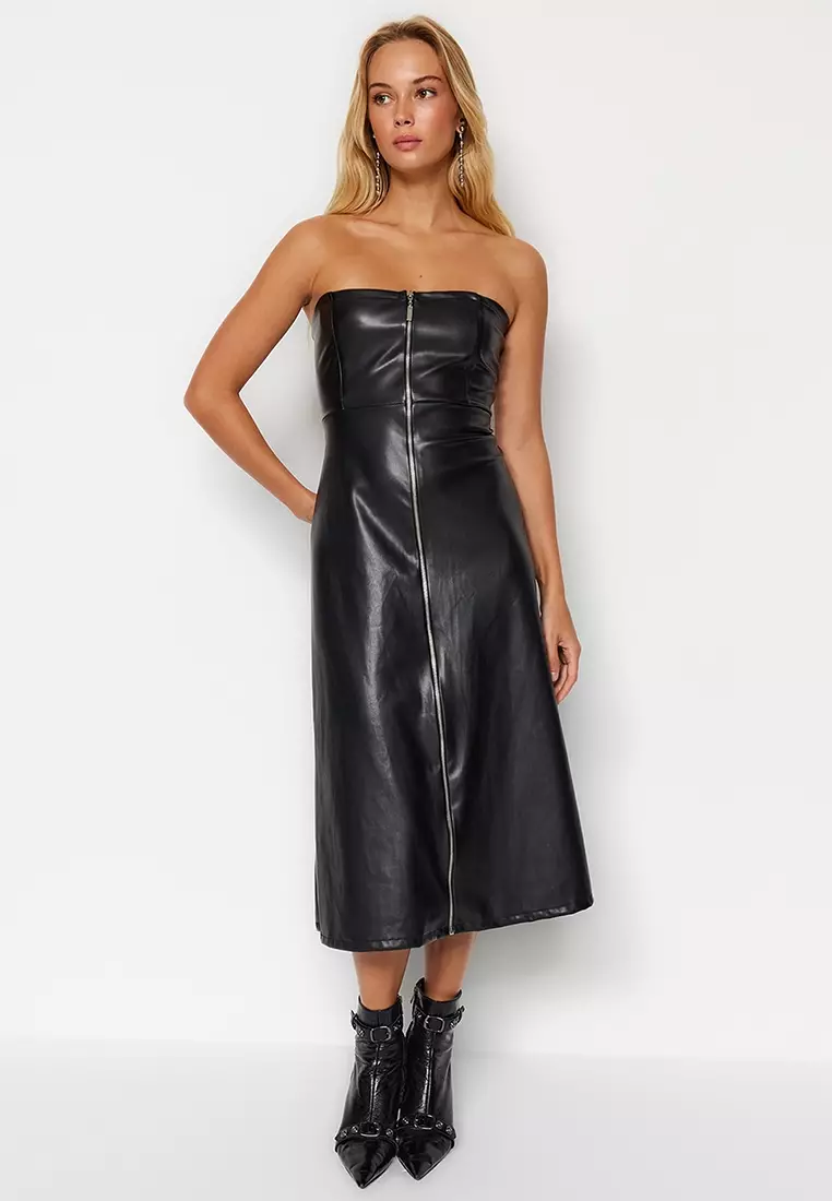 Faux Leather Strapless Midi Dress