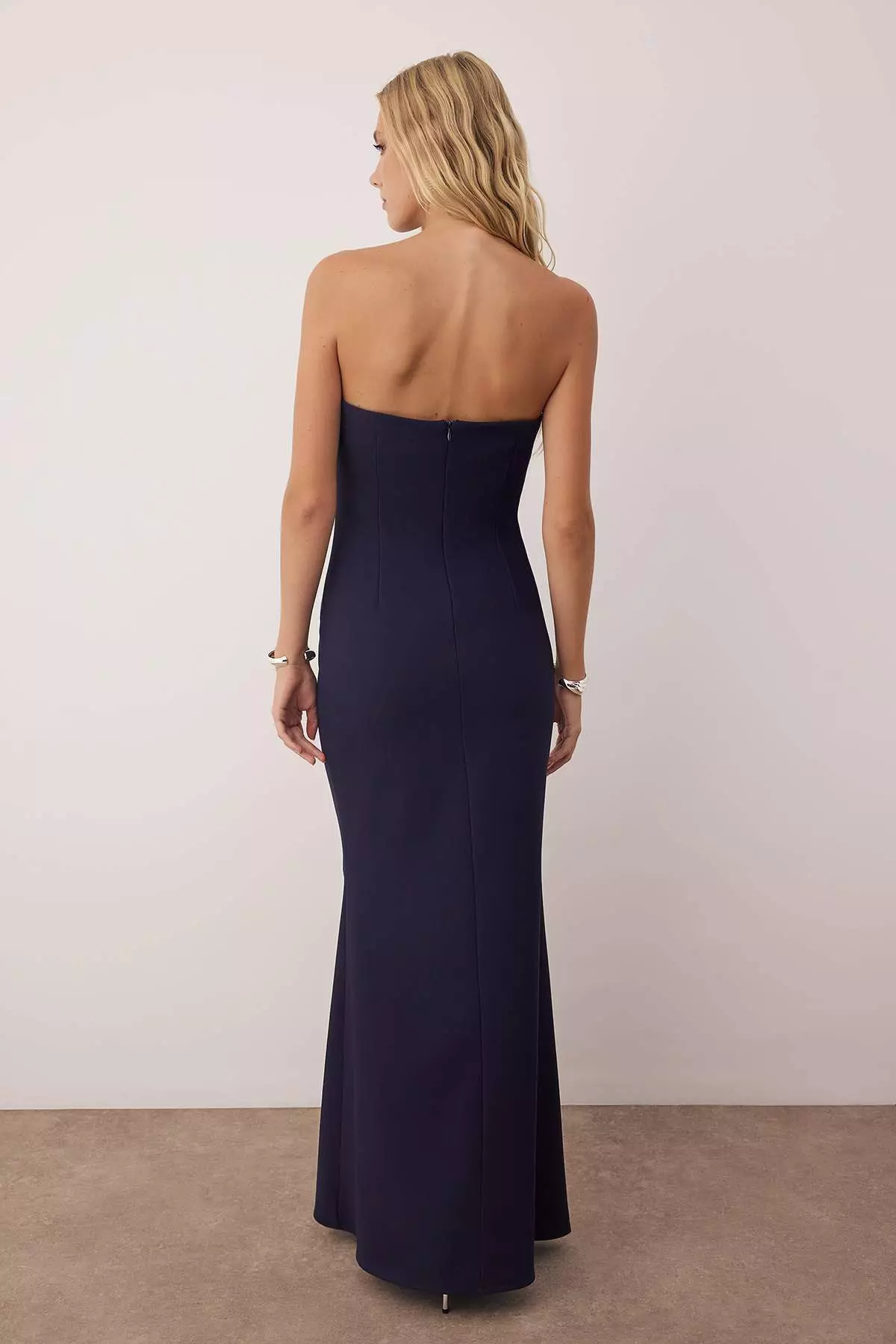 Navy Blue Plain Woven Finike Maxi Evening & Graduation Dress Tpraw26Ae00000