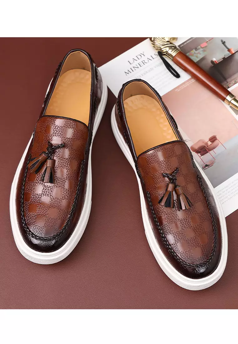 Checkered Pattern Synthetic Leather Tassel Loafers WZWH-S11