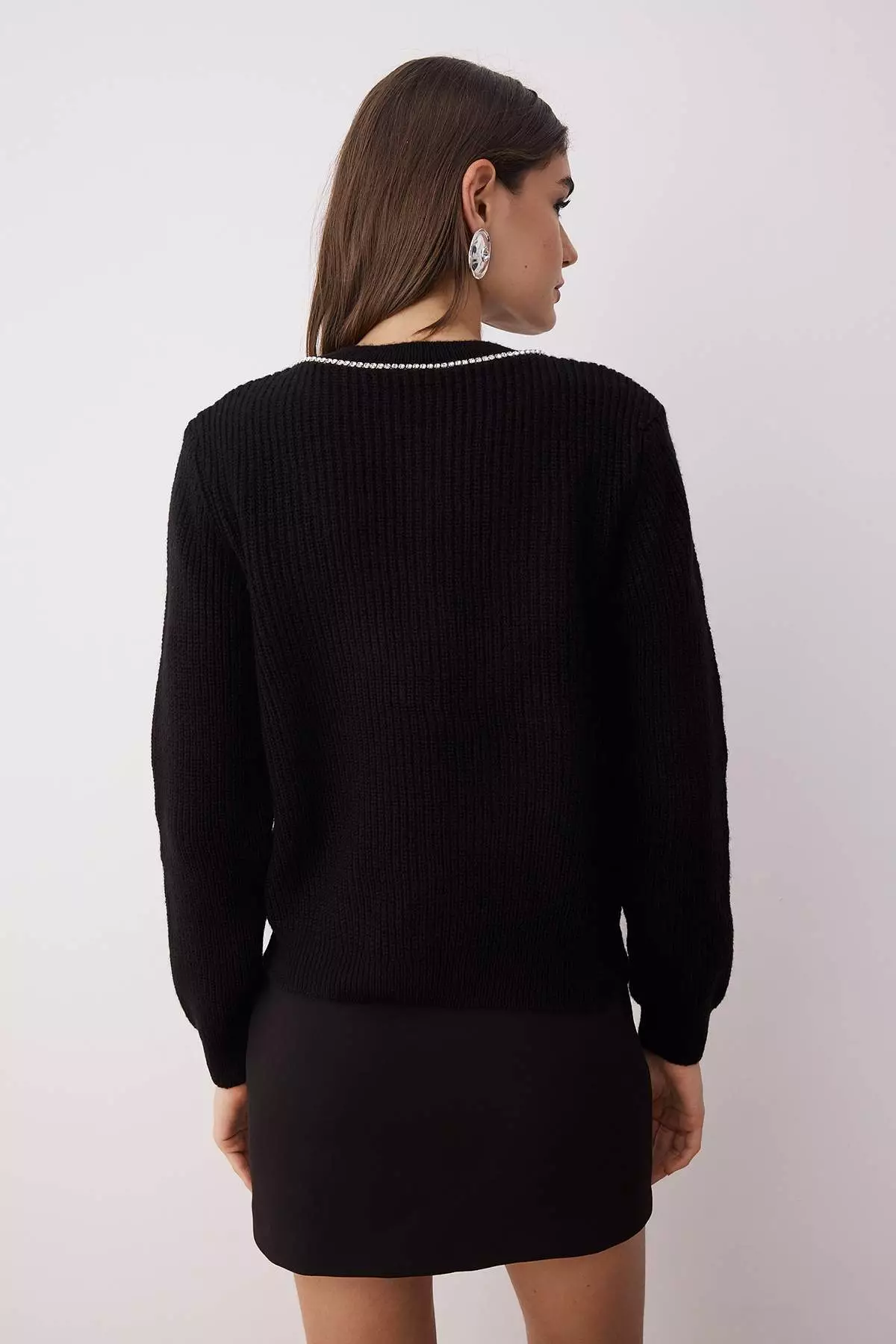 Black Stone Embroidered Soft Texture Knitwear Cardigan