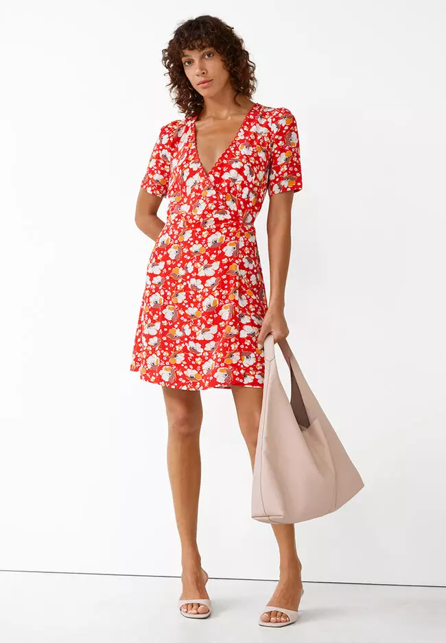 Red floral wrap mini hotsell dress