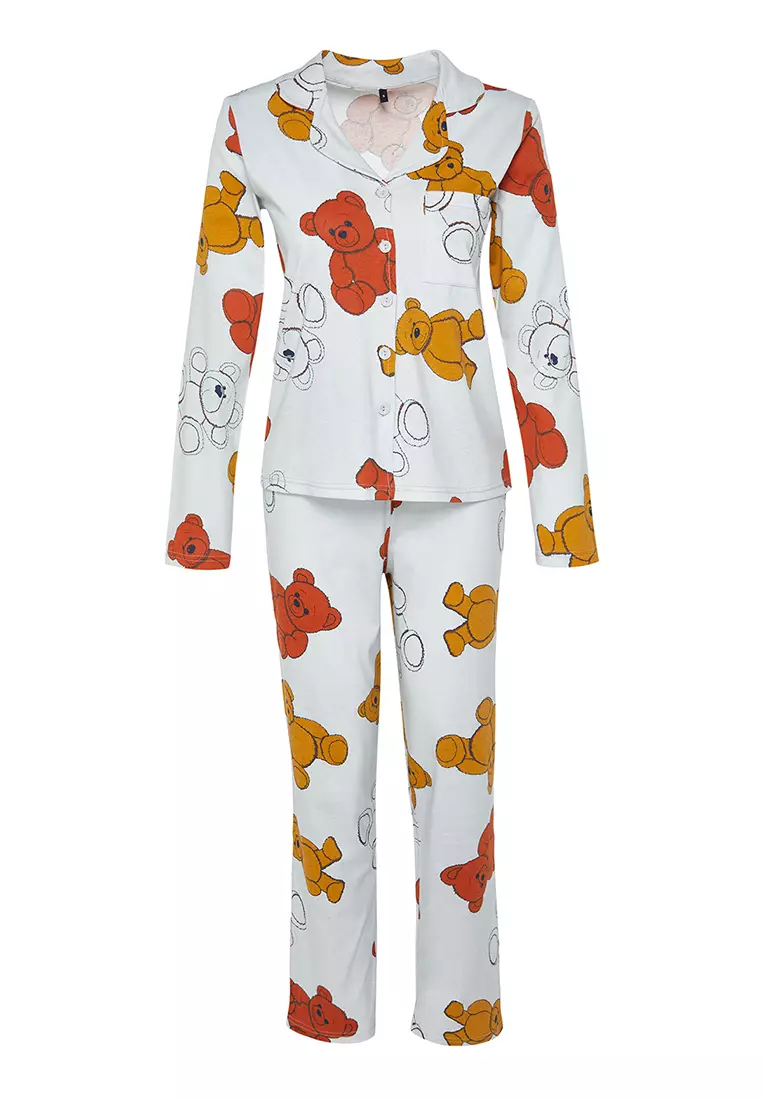 Gray Melange 100% Cotton Teddy Bear Shirt-Pants Knitted Pajama Set