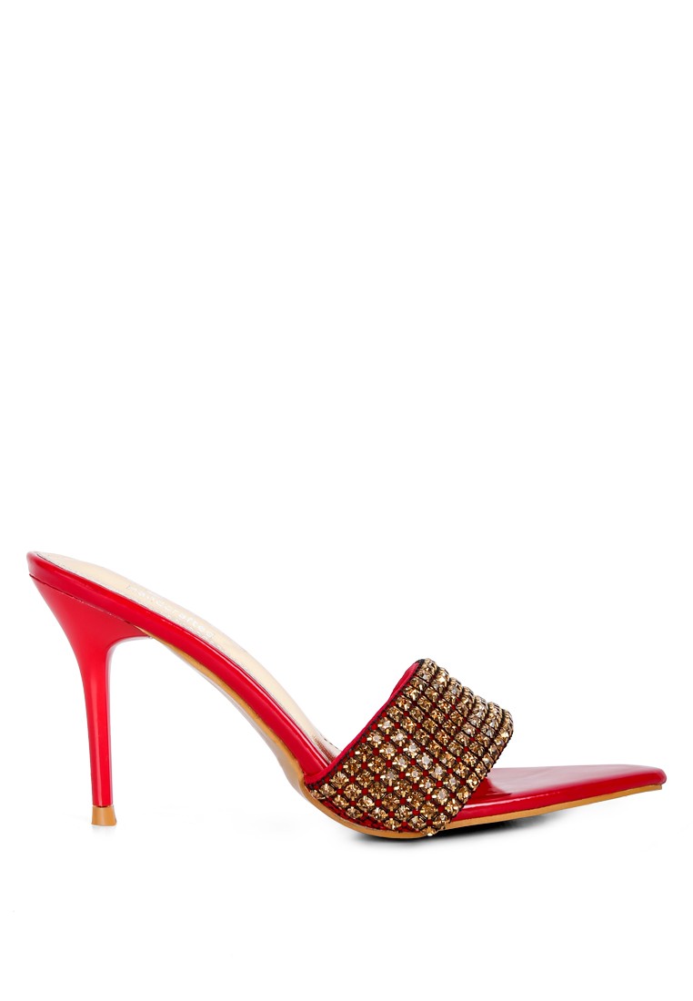 Diamante Pointed Heel Sandals in Red