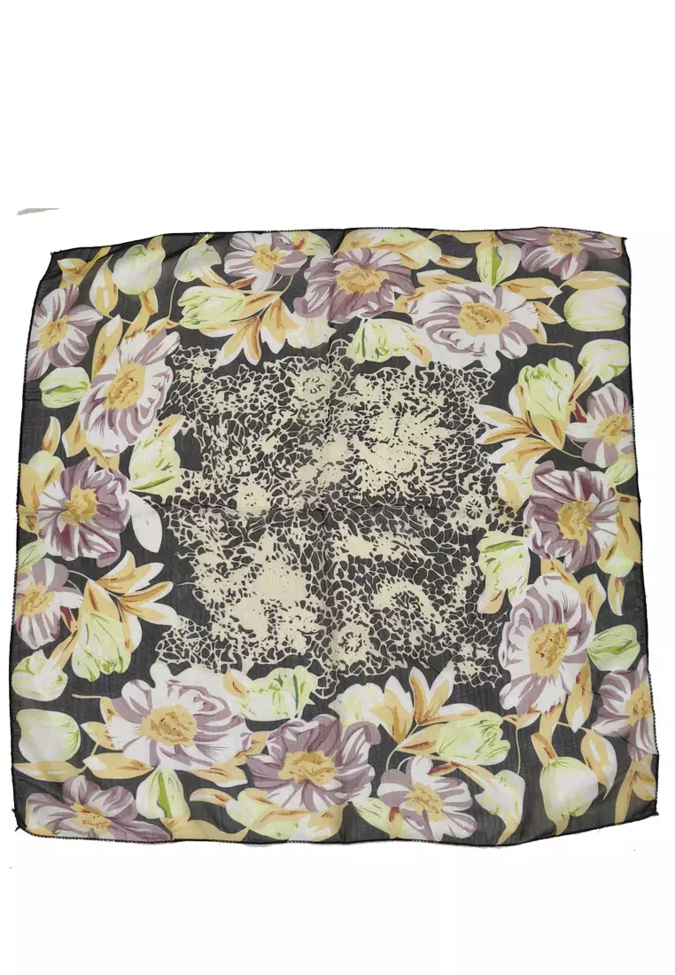 Aksesoris Scarf Wanita Flora Center Motif Silky Square Chiffon Scarf Segi Empat Ukuran Kecil Black & Multi