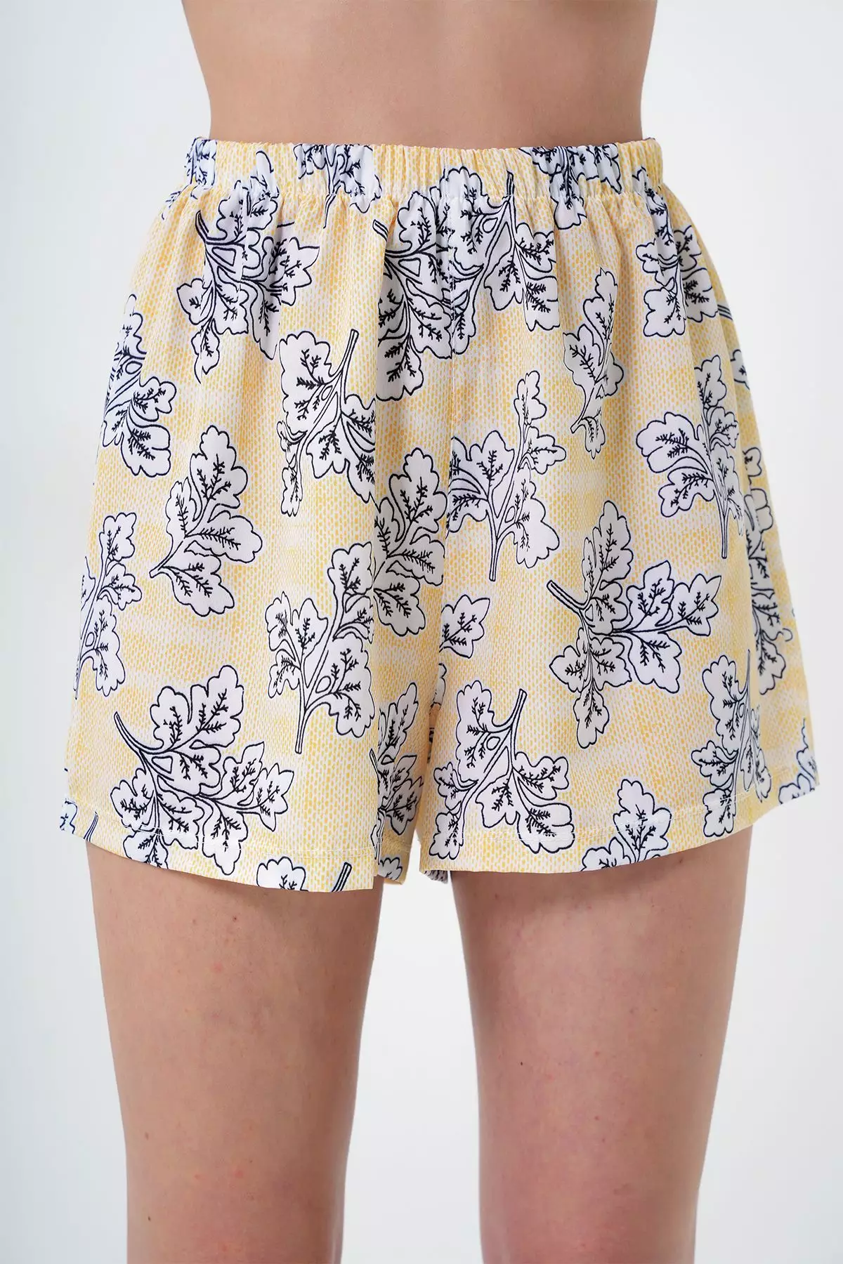 Women Yellow Patterned Front Buttoned Woven Shirt And Shorts Pajama Suit Pjm-X13890