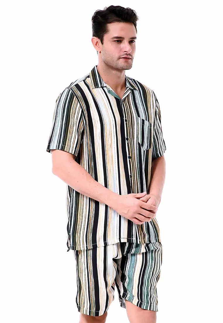 Deon Piyama Pria Motif Salur Kemeja One Set Lengan Pendek Material Rayon ORIGINAL - Multicolor