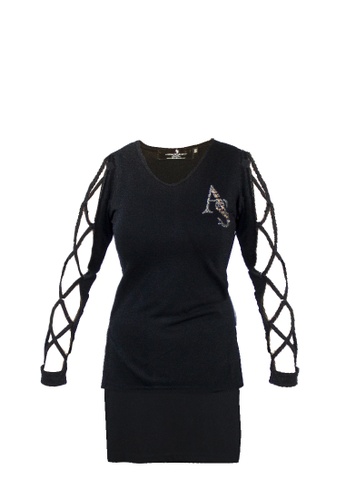 Amora Scarlett white and gold Cut Out Sleeves Black Top Long Back with Shinryuu Back FD7A7AA33863C6GS_1