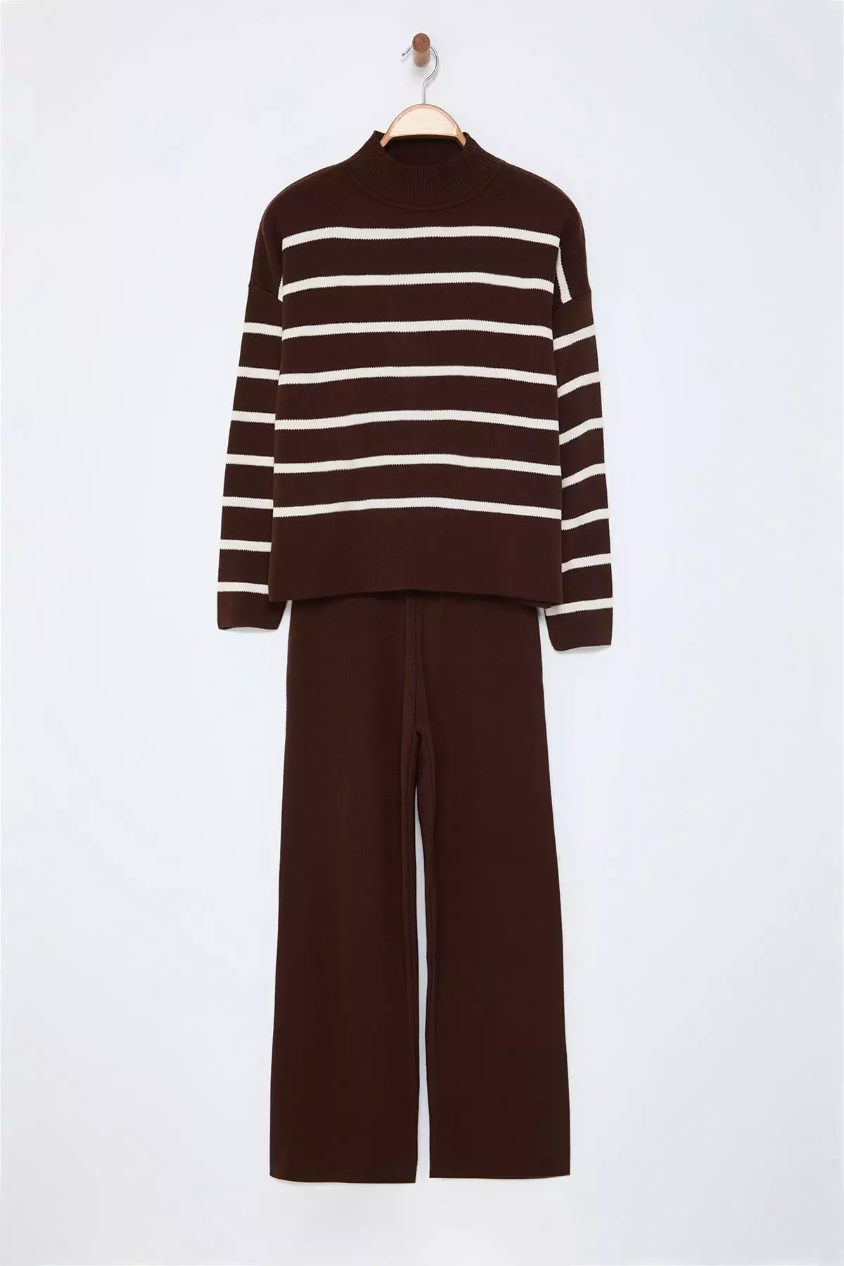 Brown Striped Knitted Trousers Bottom-Top Set Twoaw24Au00045