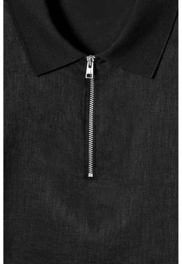 CONTRAST-PANEL LINEN HALF-ZIP POLO SHIRT
